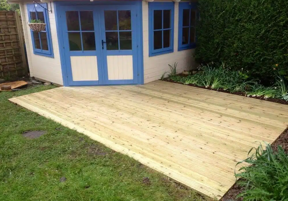 New timber deck outside a garden shed