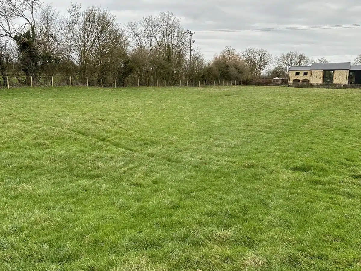 Open grassy field beside trees and a house under an overcast sky