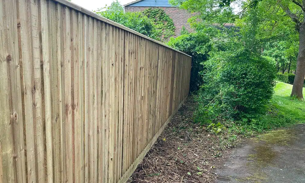 Wooden fence beside a path with trees and shrubs