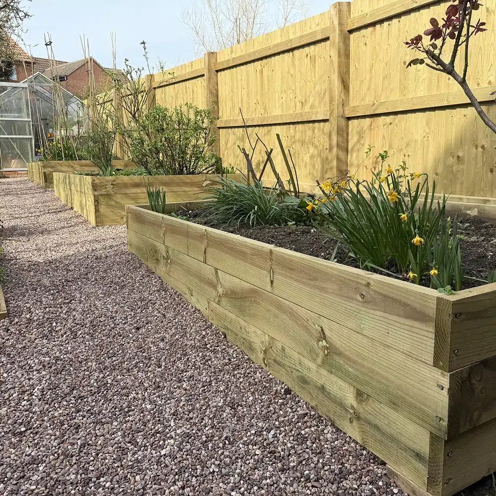 Raised wooden garden beds beside a gravel path and fence